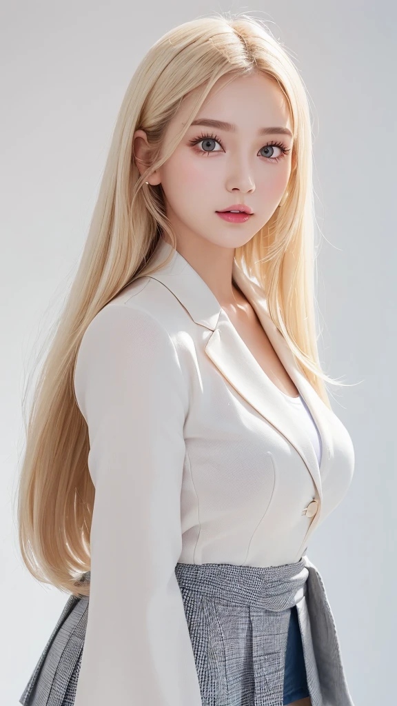 (((White background、rim light、lighting forward、shoot from above、uniform、high school girl、mini skirt、blouse、blazer、forehead、White Blonde、Blonde、White Background、whole body、Up to the waist)))、Northern Europe、Russia、beautiful girl、Platinum Blonde Hair、Straight Long Hair、Big Blue Eyes、Northern Europeの若者、Glowing Skin、Young and beautiful skin、A perfect and beautiful little face、Bright makeup、Pale pink lips、Bright expression、lipstick、Intricate details、High resolution、 Detailed features of face design、Big Breasts、face-friendly lighting