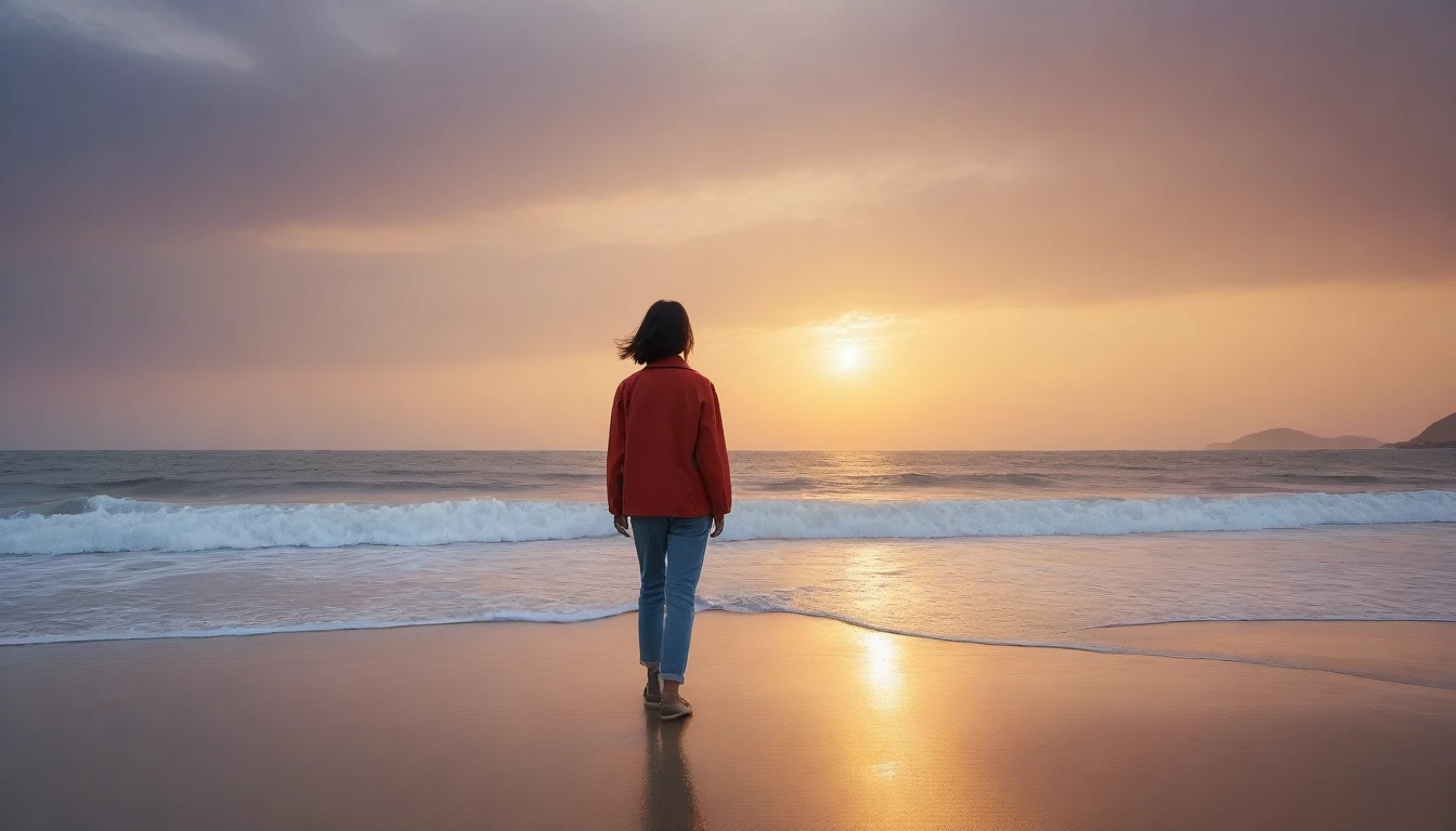 8K, Vivid picture quality, desolate long beach, Walking on the beach in the distance, short hair woman, red light of sunset, alone, afternoon, depressed, tide가 밀려온다, ocean, tide, wind, short korean woman, 잔잔한 tide, Perfect photos with vivid image quality, wearing a casual jacket and jeans, I took my shoes off in my hand.. Full body shot from a distance with Canon Camera 16-35 wide angle lens.