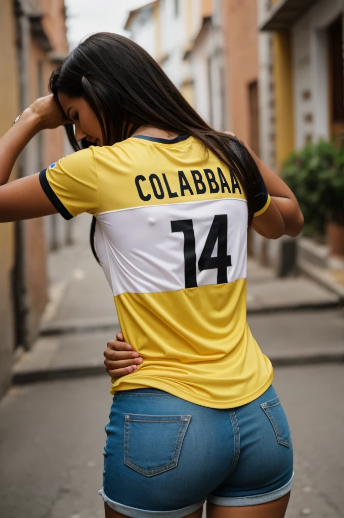 Woman from behind wearing the Colombian shirt named Yina