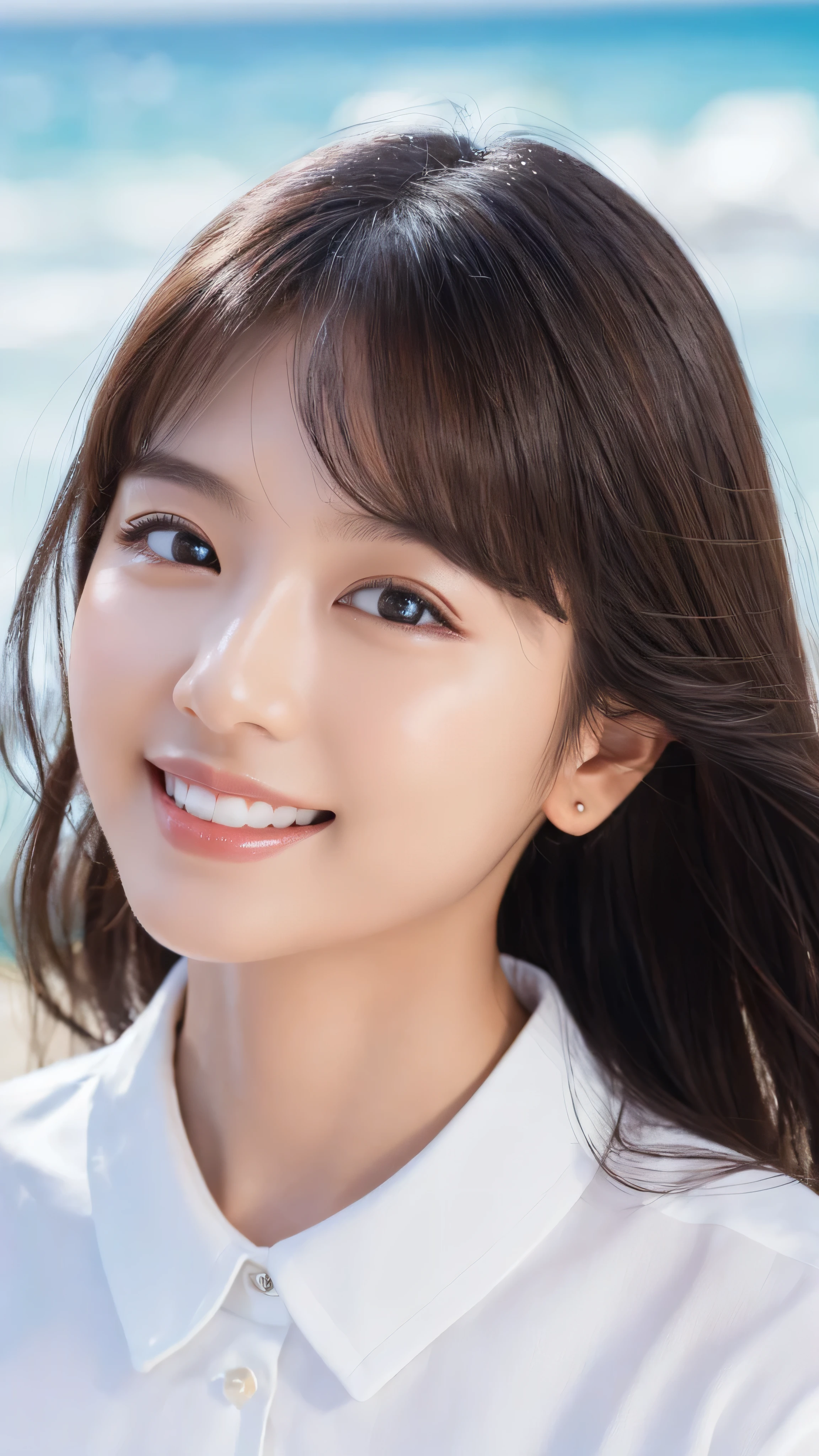 ((Highest quality、Tabletop、8K、Best image quality、Extremely intricate and detailed))、(1 person photo:1.1)、(Look at me with your best smile:1.1)、(Beautiful beaches:1.1)、(White polyester high short sleeve collar shirt:1.1)、(The perfect short sleeve collared shirt:1.1)、Accentuate your body lines、The most natural and perfect sea background、The clearest and most beautiful sea、(Very large breasts:1.1)、(Face close-up:1.2)、Attractive body、Hair swaying in the wind、Sandy Beach、Beautiful sea、The clearest and most shining sea、Complex sea glow、The most detailed and realistic ocean、Beautiful sea details are drawn、(Very brightly lit face:1.2)、Ultra-high definition beauty face、(Ultra high resolution perfect beautiful teeth:1.1)、Ultra HD Hair、Ultra-high definition sparkling eyes、(Pure white skin shining in ultra-high resolution:1.2)、Ultra-high quality glossy lips、The cutest gravure pose、(Very bright and vivid:1.2)、(Very bright:1.2)、(Very refreshing:1.1)、(Glowing white beautiful skin:1.2)、(Very strong exposure:1.2)、(Pure white skin that shines Very brightly:1.2)、(Very strong highlights:1.2)、(Very bright and glowing skin:1.2)、Blurred Background