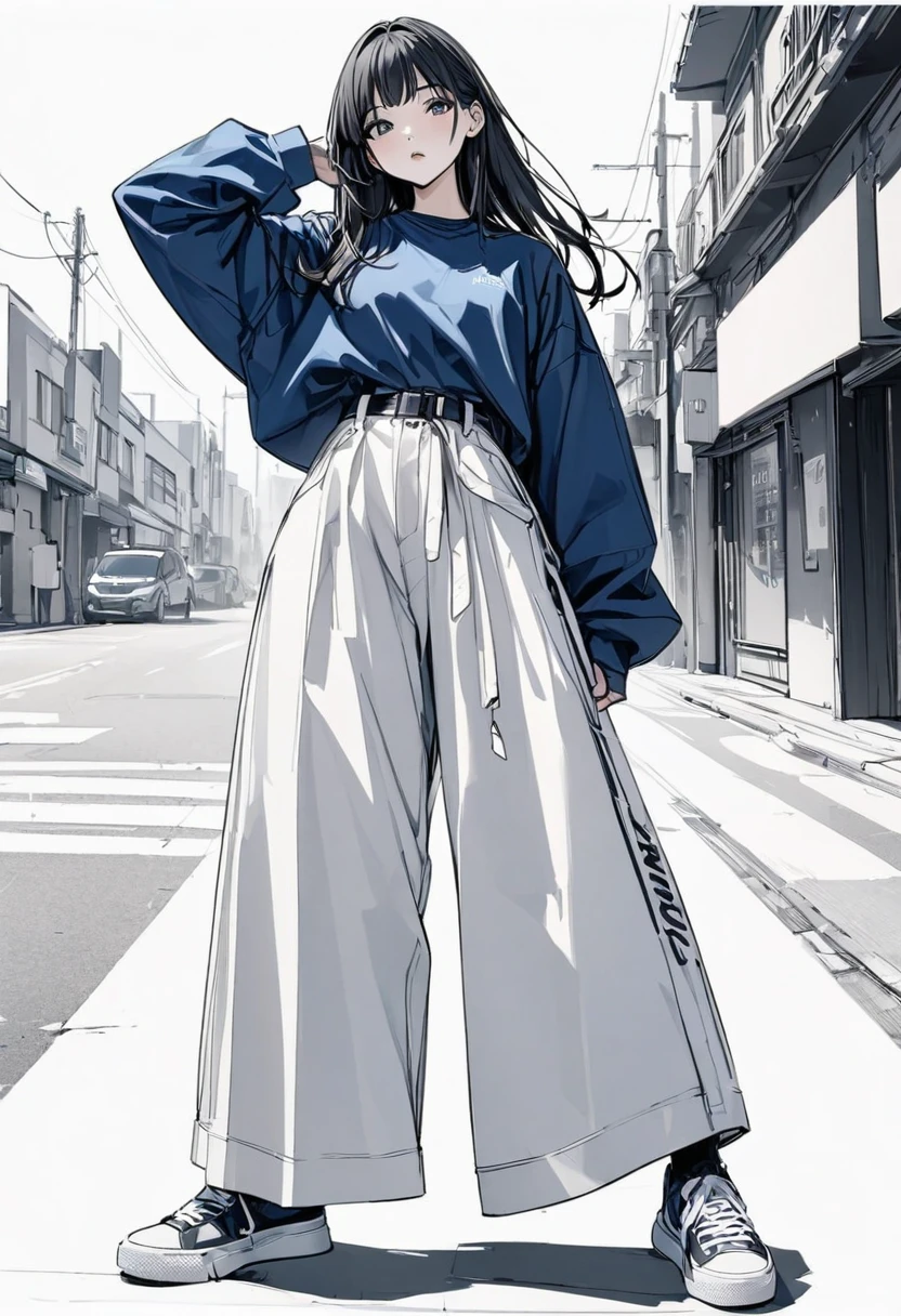 (masterpiece、Highest quality:1.2、8K)、Centered、Only one girl、Blue Shirt、Street style wide pants、Monochromatic sneakers、whole body、Simple white background、