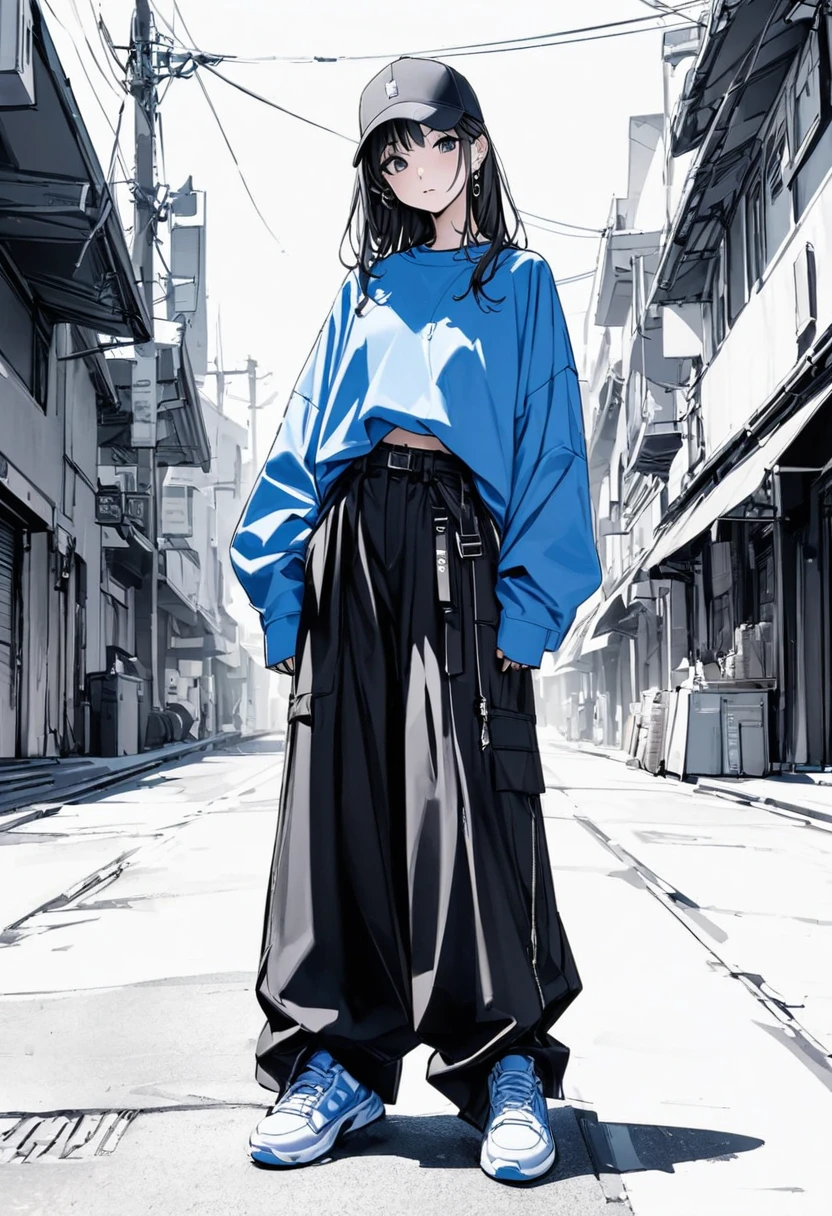 (masterpiece、Highest quality:1.2、8K)、Centered、Only one girl、Blue Shirt、Street style wide pants、Monochromatic sneakers、whole body、Simple white background、