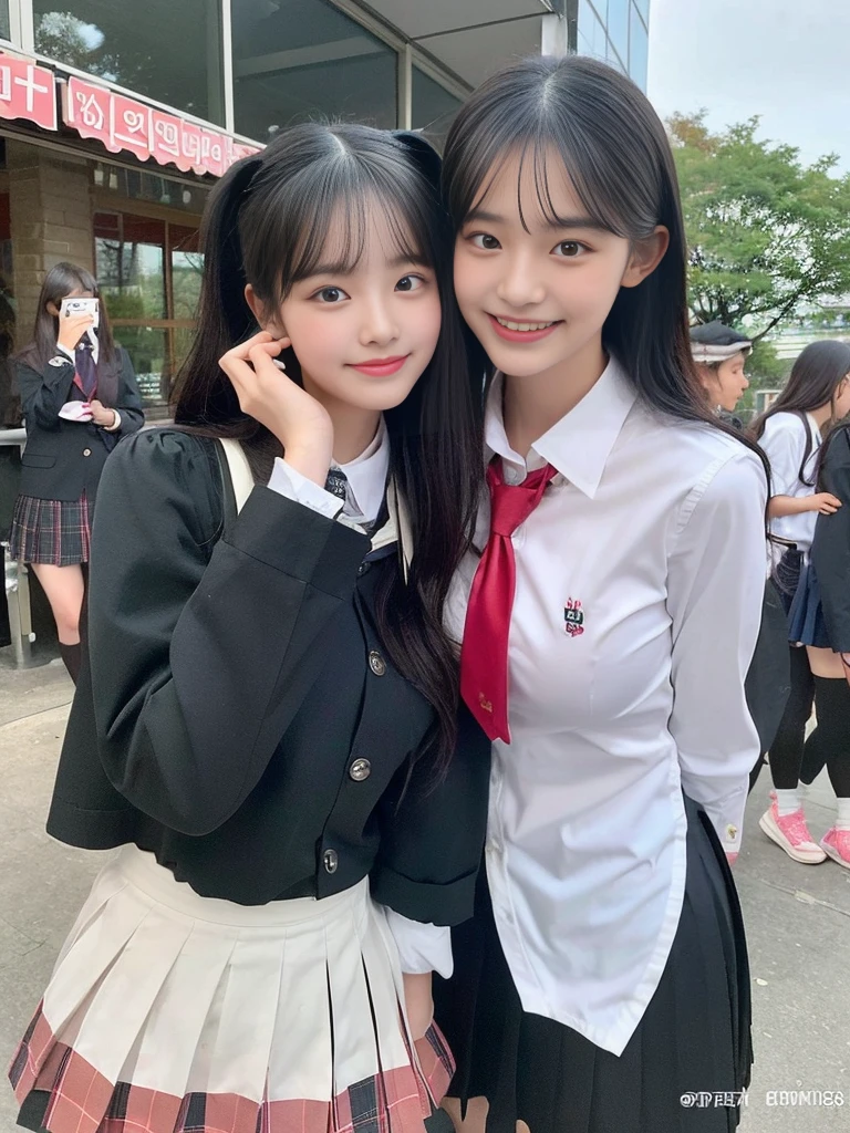 (A commemorative photo of a super cute Korean female college student duo eating hamburgers together in their school uniforms:1.2)(grin,smile:1.1)(Beautiful Sweat:1.1)(16K, RAW Photos, Highest quality, masterpiece: 1.2),(Glossy black hair with cute twin tails) Super detailed, Super Resolution, (Genuine, Genuine photos: 1.37), Portraiture, High-resolution RAW color photos, Professional photos, Very detailed, 8k wallpaper, Very detailed CG Unity 8k wallpaper, Very detailed beautiful girls, Very detailed faces, ((whole body)), beautiful woman, Huge breasts,(huge boobs:1.1) (Big Boobs:1.1), beautiful  (Wearing a tight and cute  designated by the company),high school girl, Korean Girls,(K-POP Female Idols), (Idol-class beauty)(Beautiful high school girl:1.1)(Outdoor Restaurant)()(School uniform style outfit:1.1)wearing ushanka