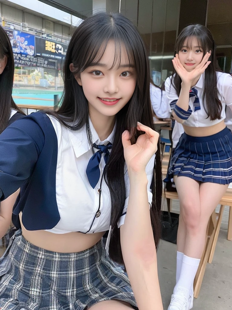 (A commemorative photo of a super cute Korean female college student duo eating hamburgers together in their school uniforms:1.2)(grin,smile:1.1)(Beautiful Sweat:1.1)(16K, RAW Photos, Highest quality, masterpiece: 1.2),(Glossy black hair with cute twin tails) Super detailed, Super Resolution, (Genuine, Genuine photos: 1.37), Portraiture, High-resolution RAW color photos, Professional photos, Very detailed, 8k wallpaper, Very detailed CG Unity 8k wallpaper, Very detailed beautiful girls, Very detailed faces, ((whole body)), beautiful woman, Huge breasts,(huge boobs:1.1) (Big Boobs:1.1), beautiful  (Wearing a tight and cute  designated by the company),high school girl, Korean Girls,(K-POP Female Idols), (Idol-class beauty)(Beautiful high school girl:1.1)(Outdoor Restaurant)(************)(School uniform style outfit:1.1)wearing ushanka