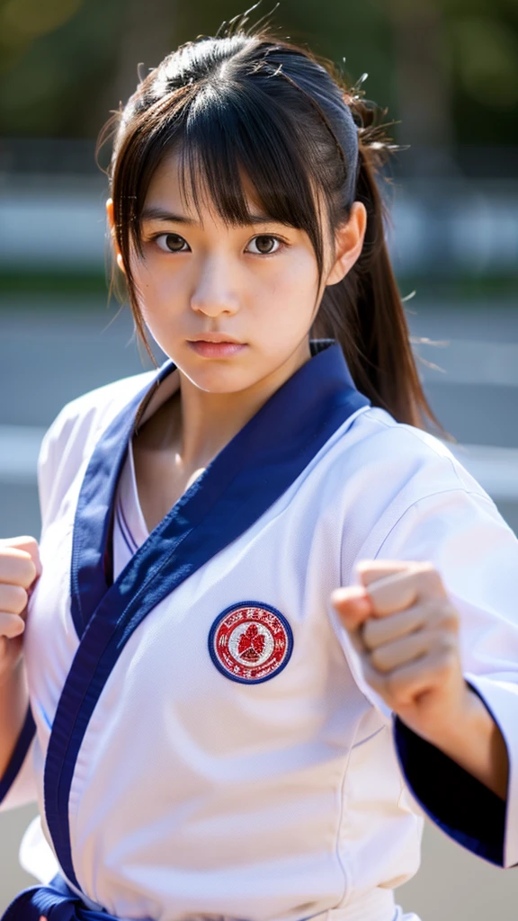 A young Japanese woman in a karate uniform. She has a sharp and concentrated expression. She holds her right fist out towards the camera. Realistic and high quality photo.