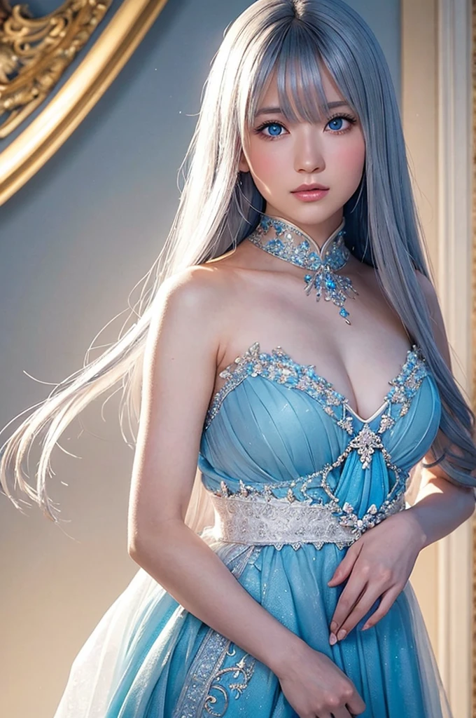 Create an ultra-realistic, lifelike image of a Japanese beauty character with long silver hair and large blue eyes. She is wearing a thin fabric white fantasy outfit adorned with delicate decorations that shimmer in the light. The character is posing elegantly, standing gracefully. The background features a light-filled simple design with a white theme, emphasizing the beauty of the character. The illustration technique includes emphasizing the contrast of light and shadow, using advanced rendering techniques to harmonize the character with the background. The image should be in a vertical format to highlight the beauty of the character and the dreamlike quality of the setting.