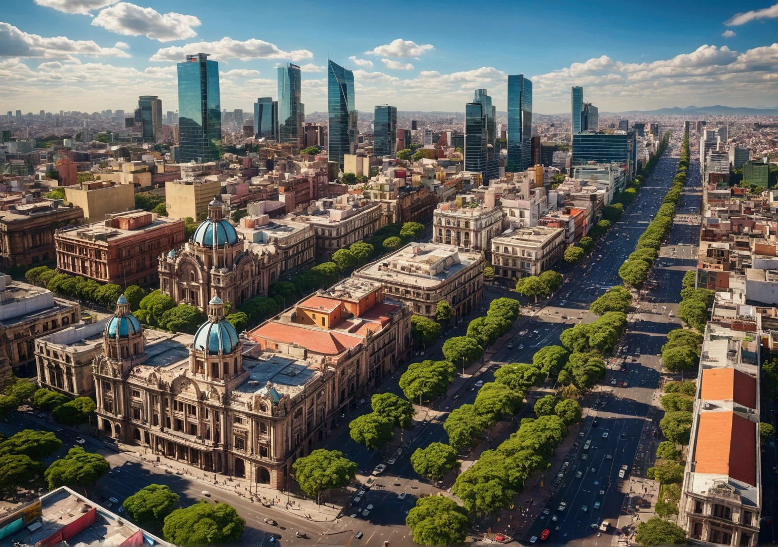 a highly detailed, photorealistic view of México City, bustling cityscape with towering skyscrapers, modern architecture, dense urban development, busy streets filled with traffic, colorful buildings, lush green parks and plazas, people going about their daily lives, clear blue sky with wispy clouds, warm golden lighting, hyper-realistic, 8k, cinematic, masterpiece