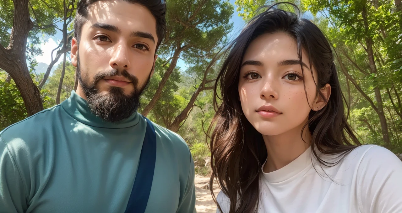 Vibrant forest scene, colorful trees in varied hues, deep blue sea backdrop, a loving couple in their twenties, young woman with sandy brown hair, bluish-gray eyes, short stature, delicate freckles, young man with short dark black hair, long black fish beard, Middle Eastern features, wheat complexion, dark brown eyes, athletic build, romantic expressions, lush greenery, rich blue sea, detailed natural setting, warm and inviting ambiance, genuine emotions, digital painting, high resolution, bright and vibrant color palette, soft natural lighting.