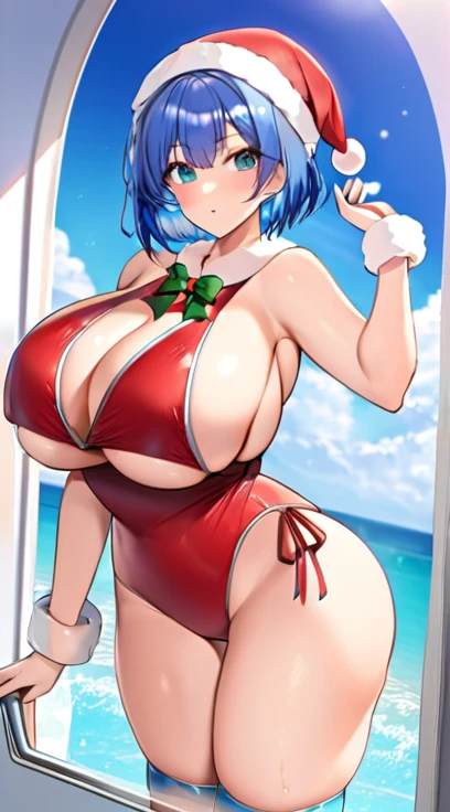 Santa costume,Swimwear,Big Breasts,Multiple births,Blue Hair,Bobcut