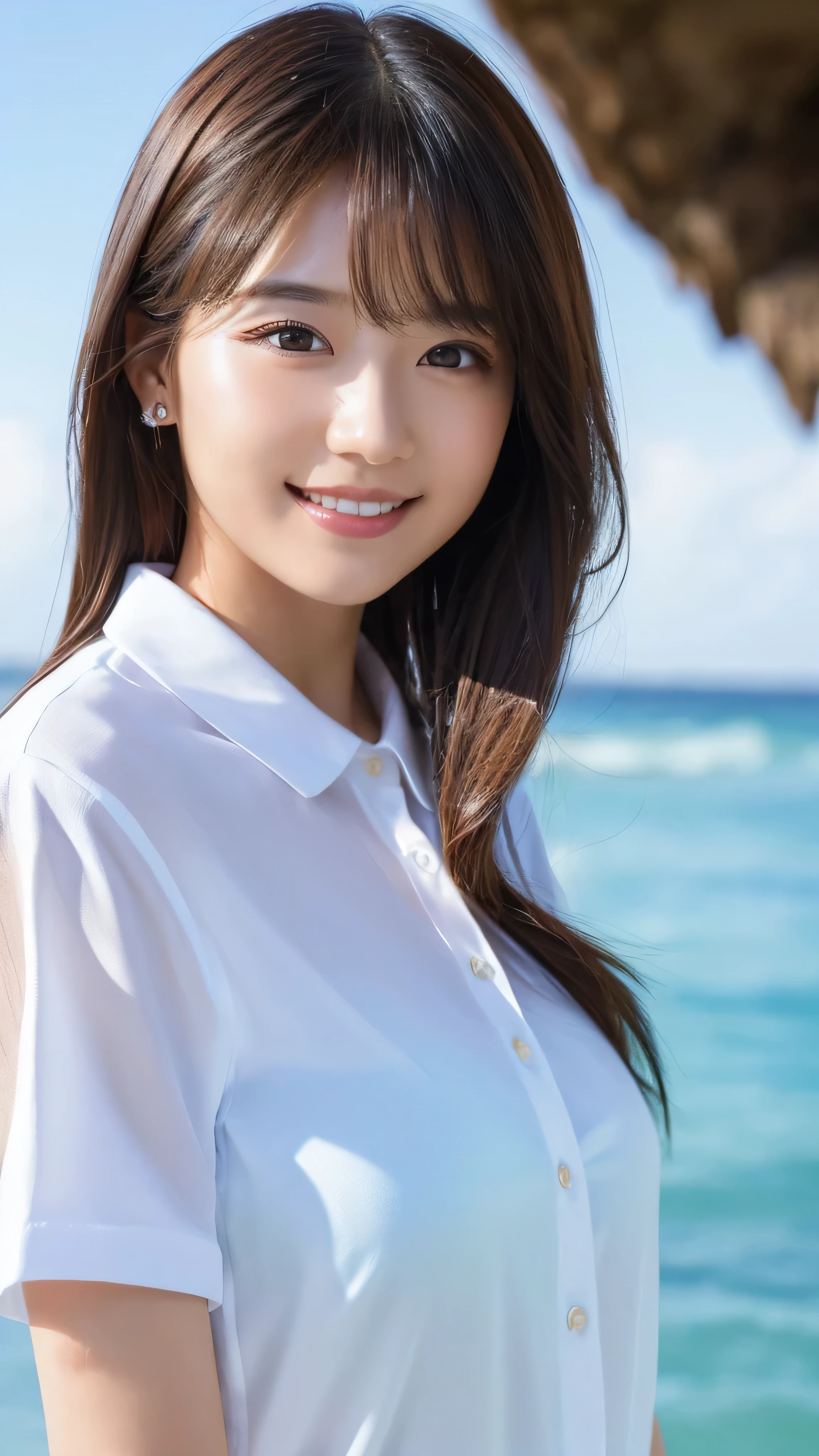((Highest quality、Tabletop、8K、Best image quality、Extremely intricate and detailed))、(1 person photo:1.1)、(Nationality: British:1.2)、(Look at me with your best smile:1.1)、(Beautiful beaches:1.1)、(White polyester high short sleeve collar shirt:1.1)、(The perfect short sleeve collared shirt:1.1)、Accentuate your body lines、The most natural and perfect sea background、The clearest and most beautiful sea、(Very large breasts:1.1)、(Face close-up:1.2)、Attractive body、Hair swaying in the wind、Sandy Beach、Beautiful sea、The clearest and most shining sea、Complex sea glow、The most detailed and realistic ocean、The details of the beautiful sea are depicted.、(Very brightly lit face:1.2)、Ultra-high definition beauty face、(Ultra high resolution perfect beautiful teeth:1.1)、Ultra HD Hair、Ultra-high definition sparkling eyes、(Pure white skin shining in ultra-high resolution:1.2)、Ultra-high quality glossy lips、The cutest gravure pose、(Very bright and vivid:1.2)、(Very bright:1.2)、(Very refreshing:1.1)、(Glowing white beautiful skin:1.2)、(Very strong exposure:1.2)、(Pure white skin that shines Very brightly:1.2)、(Very strong highlights:1.2)、(Very bright and glowing skin:1.2)、Blurred Background