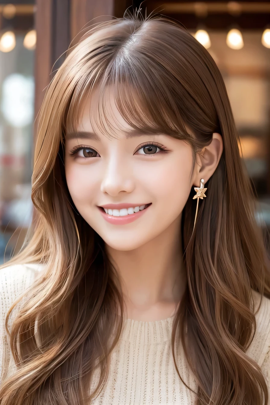 Light brown hair、Clear beauty、、Wavy Hair、coat、Ear piercing、、smile、Beautiful teeth alignment、Intricate details, Very detailed:1.2), 、 Looking into the camera、The background is a coffee shop