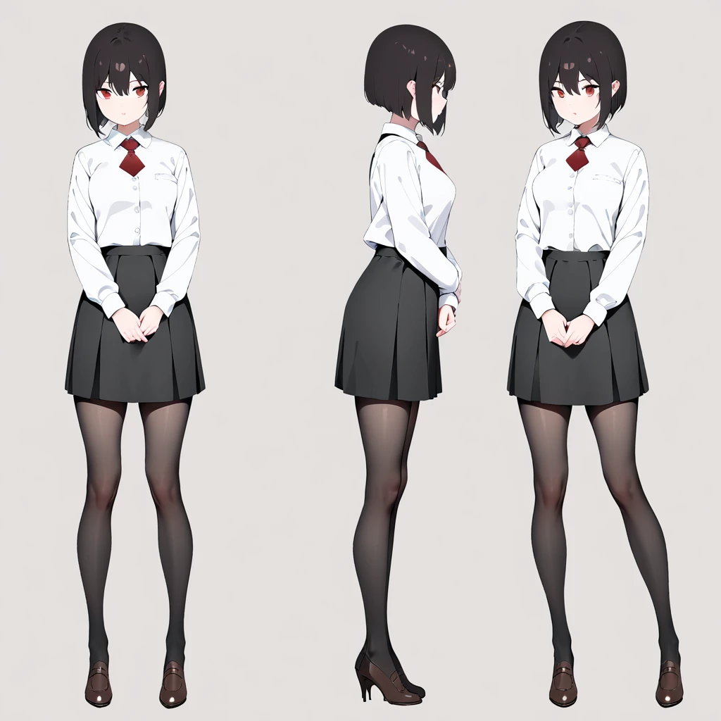 ((Masterpiece, plain background,1:2, masterpiece)) full body standing Catholic SCHOOL GIRL UNIFORM, BROWN SHOES, hands on waist, navel, hair between eyes, short hair