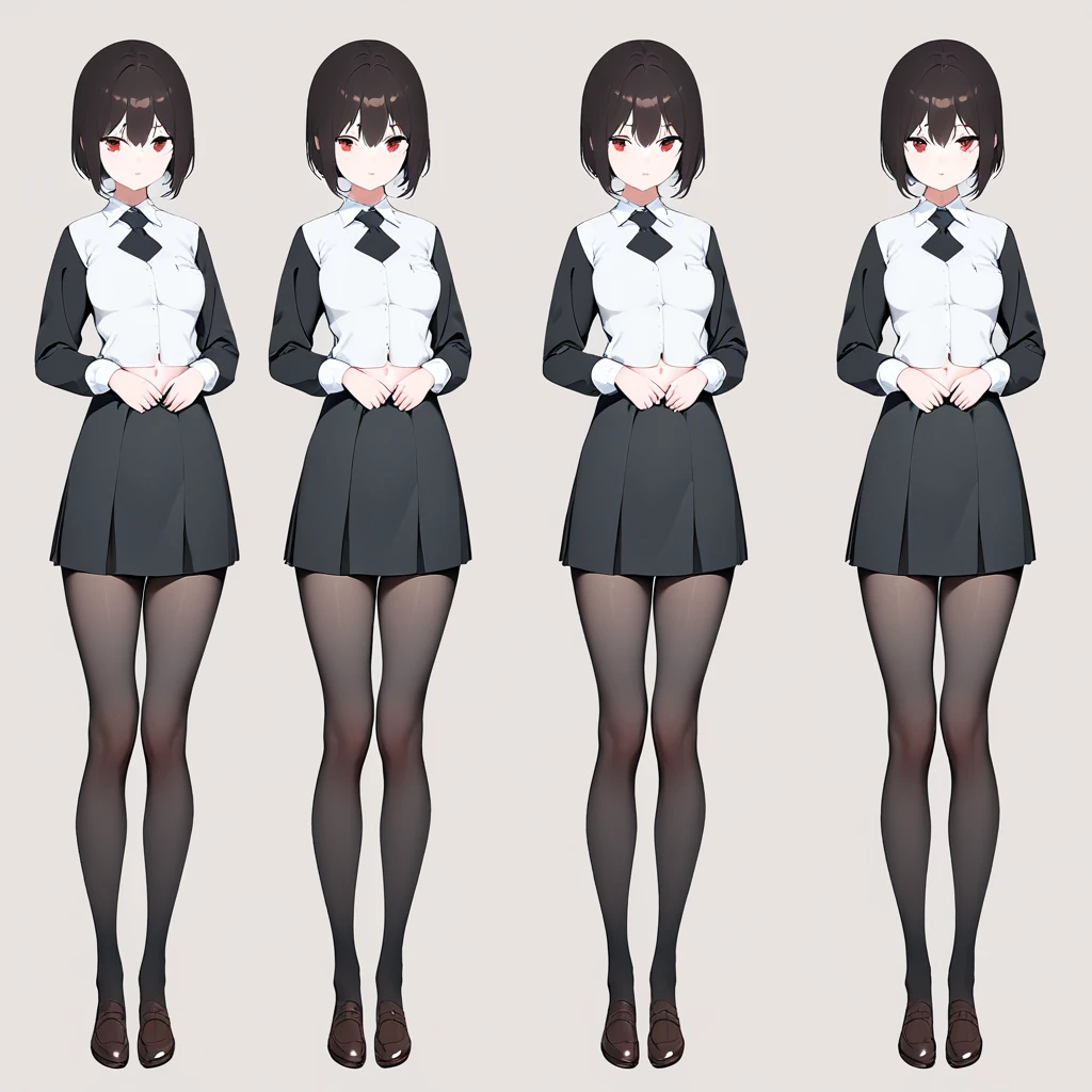 ((Masterpiece, plain background,1:2, masterpiece)) full body standing Catholic SCHOOL GIRL UNIFORM, BROWN SHOES, hands on waist, navel, hair between eyes, short hair