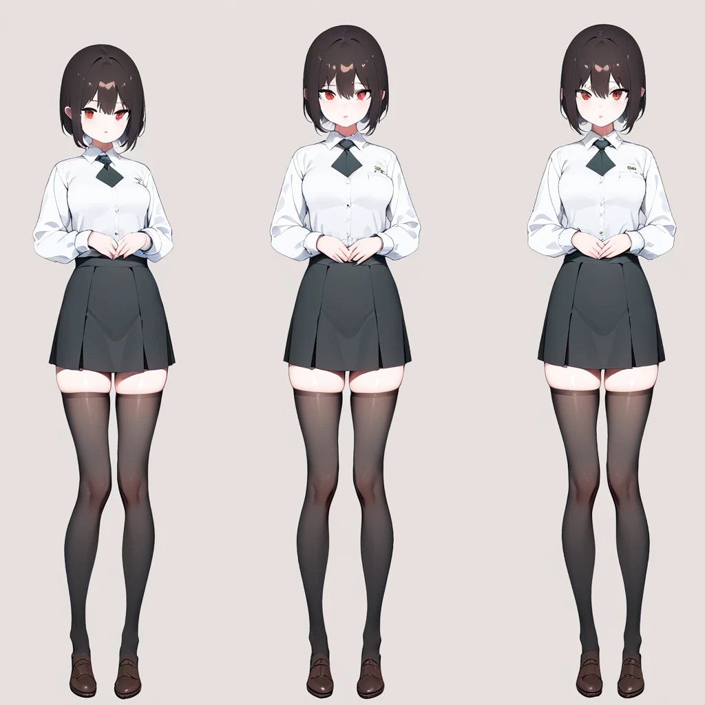 ((Masterpiece, plain background,1:2, masterpiece)) full body standing Catholic SCHOOL GIRL UNIFORM, BROWN SHOES, hands on waist, navel, hair between eyes, short hair