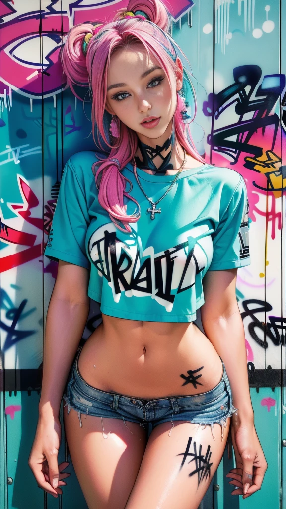 masterpiece, best quality, 1 Girl, Solitary, Top of crop, Denim shorts, Necklace, (Graffiti:1.5), Paint splatter, Put your hands behind your back, Against the wall, Looking at the audience, armband, Thigh straps, Body paint, Head tilt, boring, Colorful hair, Aqua eyes, earphone,(face detailed :1.4) 