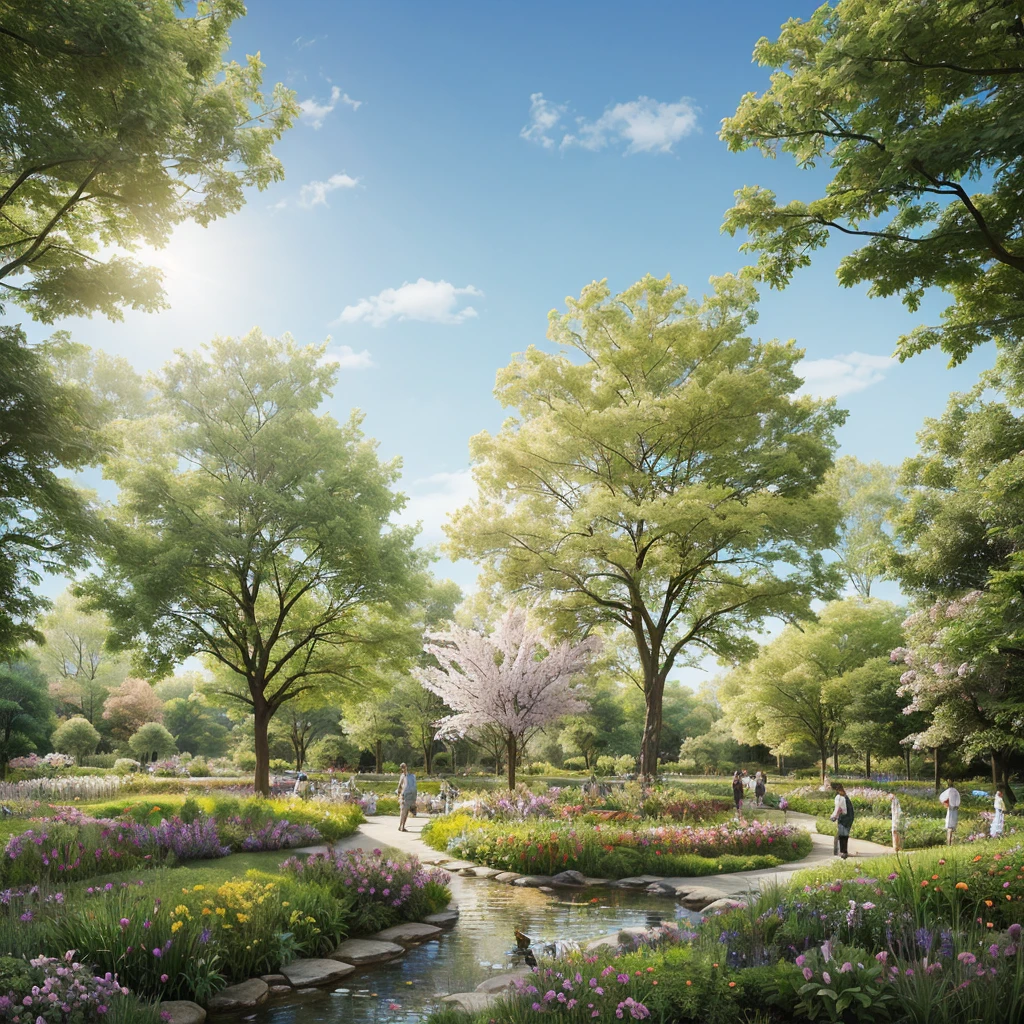 A breathtaking and vibrant landscape filled with a lush variety of plants and flowers. The scene is bursting with life and color, with an array of blooming flowers in every hue imaginable, creating a vibrant tapestry of reds, pinks, yellows, purples, and blues. Tall, green trees provide a canopy of shade, while sunlight filters through the leaves, casting dappled light on the ground below. A crystal-clear stream winds its way through the landscape, reflecting the brilliant colors of the flowers and plants along its banks. Birds and butterflies add to the scene's beauty, flying gracefully among the blossoms. The entire landscape is an epic and stunning display of nature's beauty, a paradise of flora that is truly awe-inspiring.