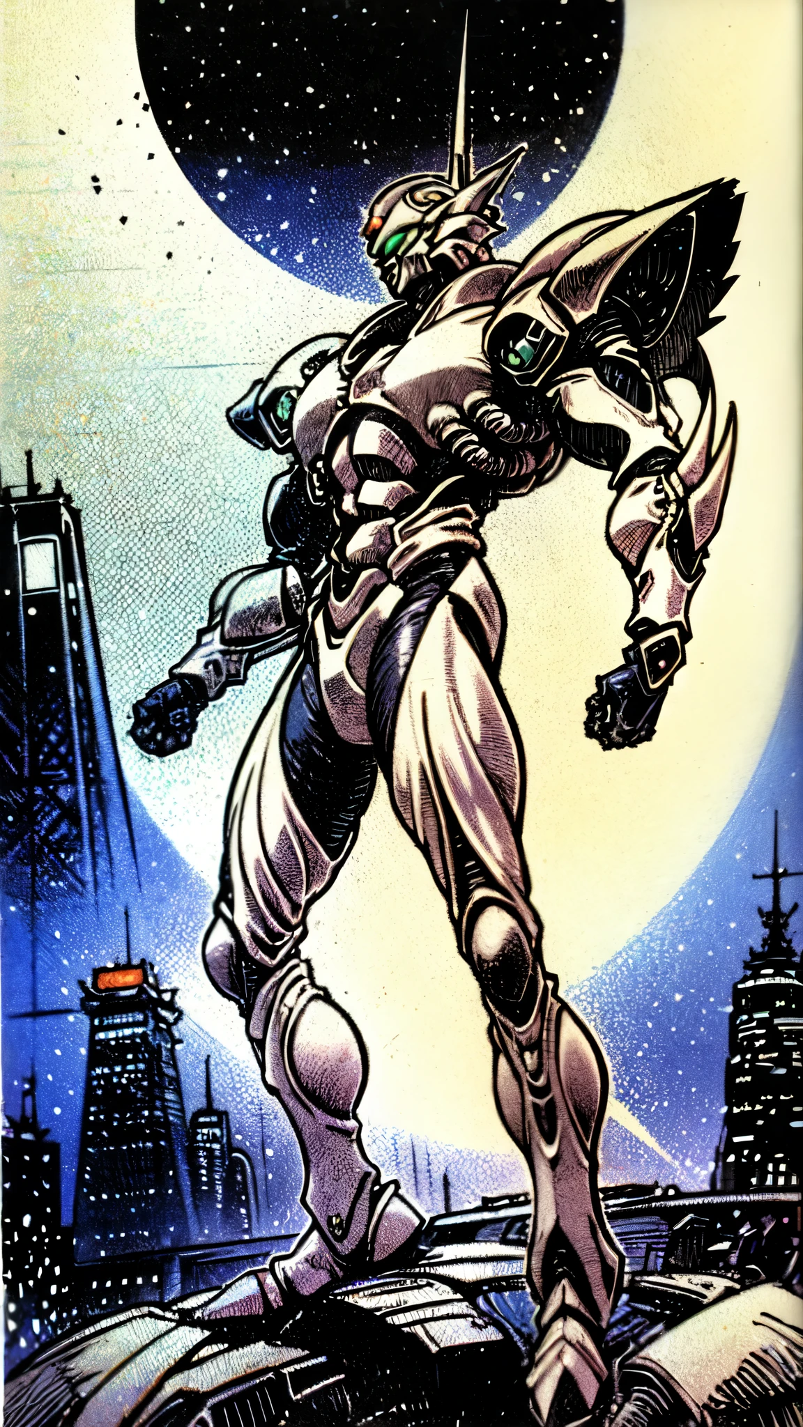 (masterpiece:1.5, best quality:1.5, extremely delicate:1.5, foreshortening:1.5, dynamic angle:1.5), a man wearing a full-face helmet, a fantasy-style biotech armored combat suit, green eyes, (a composite layered chest armor), fully enclosed shoulder guards, matching arm and leg guards, (the color scheme is primarily white with black green accents), the design balances heavy with agility, a high-tech bio-mecha armor, (Armor Concept Inspired by neon Cyberpunk, stand on the top of a skyscraper in a futuristic sci-fi city), this character embodies a finely crafted fantasy-surreal style armored hero in anime style, exquisite and mature manga art style, (element, plasma, energy, the armor glows), ((male:1.5)), metallic, high definition, highres, ultra-detailed, ultra-fine painting, professional, perfect body proportions, golden ratio, anatomically correct, symmetrical face, extremely detailed eyes and face, high quality eyes, creativity, RAW photo, UHD, 32k, Natural light, cinematic lighting, masterpiece-anatomy-perfect