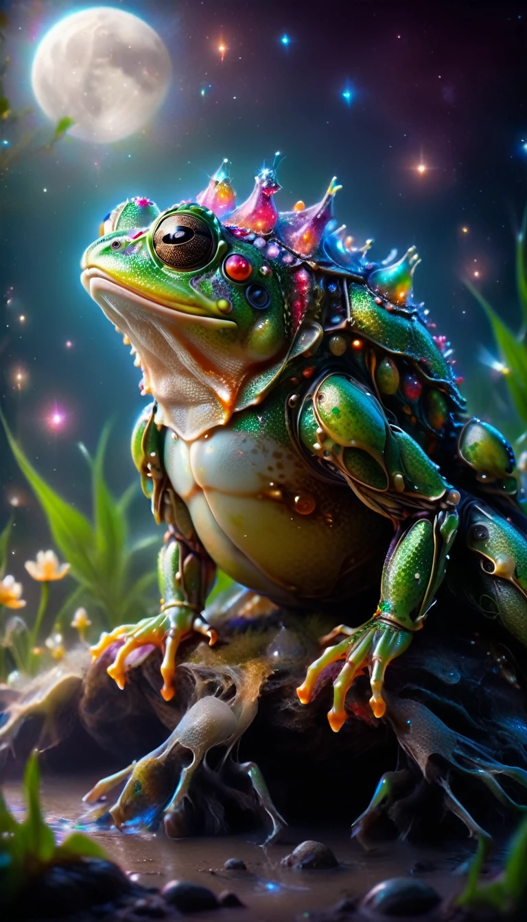 macro photo, a beautiful frog wearing ral-anmlsktn, glowing lights, beautiful magical sparkles, moon dust particulates, vibrant whimsical colors 