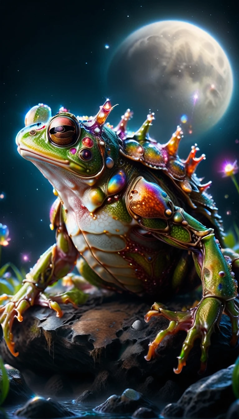 macro photo, a beautiful frog wearing ral-anmlsktn, glowing lights, beautiful magical sparkles, moon dust particulates, vibrant whimsical colors 