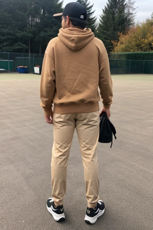 Photo of a parking lot showing a light tan man from behind wearing black pants, a brown sweatshirt and beige tennis shoes 