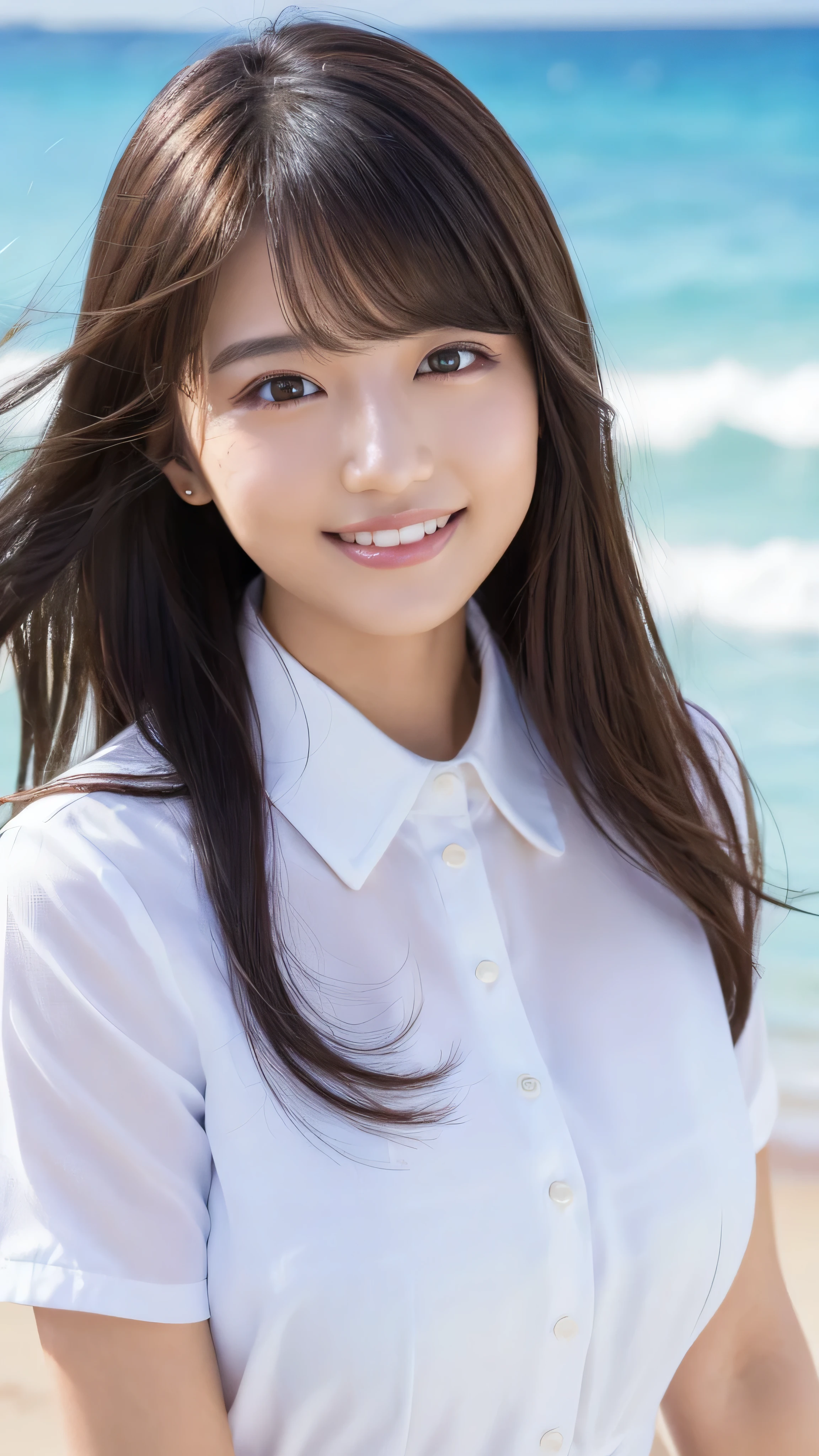 ((Highest quality、Tabletop、8K、Best image quality、Extremely intricate and detailed))、(1 person photo:1.1)、(Nationality: British:1.2)、(Look at me with your best smile:1.1)、(Beautiful beaches:1.1)、(White polyester high short sleeve collar shirt:1.1)、(The perfect short sleeve collared shirt:1.1)、Accentuate your body lines、The most natural and perfect sea background、The clearest and most beautiful sea、(Very large breasts:1.1)、(Face close-up:1.2)、Attractive body、Hair swaying in the wind、Sandy Beach、Beautiful sea、The clearest and most shining sea、Complex sea glow、The most detailed and realistic ocean、Beautiful sea details are drawn、(Very brightly lit face:1.2)、Ultra-high definition beauty face、(Ultra high resolution perfect beautiful teeth:1.1)、Ultra HD Hair、Ultra-high definition sparkling eyes、(Pure white skin shining in ultra-high resolution:1.2)、Ultra-high quality glossy lips、The cutest gravure pose、(Very bright and vivid:1.2)、(Very bright:1.2)、(Very refreshing:1.1)、(Glowing white beautiful skin:1.2)、(Very strong exposure:1.2)、(Pure white skin that shines Very brightly:1.2)、(Very strong highlights:1.2)、(Very bright and glowing skin:1.2)、Blurred Background