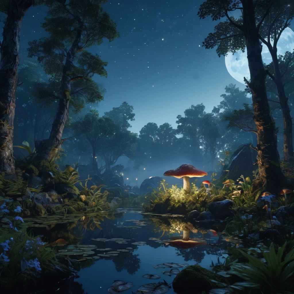 a dense dark forest under starry sky, detailed trees, moonlight, mist, detailed foliage, detailed leaves, detailed bark, detailed rocks, detailed undergrowth, detailed mushrooms, detailed flowers, detailed wildlife, detailed birds, detailed insects, detailed pond, detailed reflections, cinematic lighting, dramatic lighting, moody atmosphere, fantasy, digital art, 8k, high quality, detailed, photorealistic