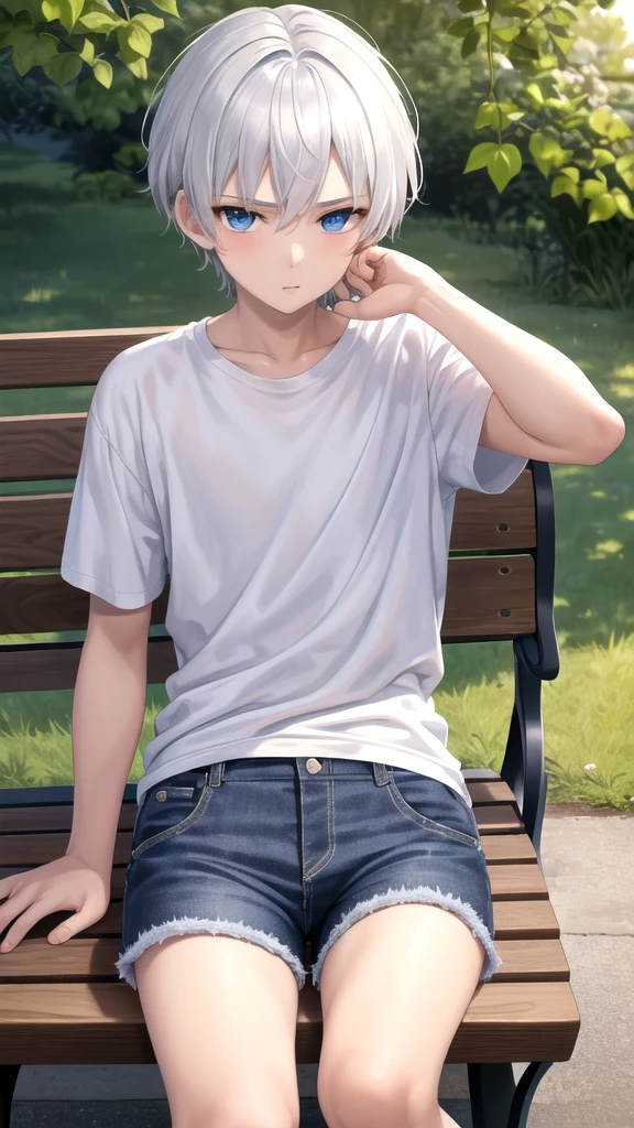 masterpiece, best quality, high quality, ,dark forsest, 1boy, solo, boy,male focus, looking at viewer , white hair,black T-shirt ,blue jean shorts, blue eyes, sitting on a bench