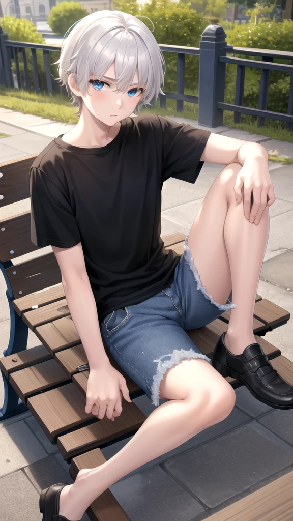 masterpiece, best quality, high quality, ,dark forsest, 1boy, solo, 14-year-old boy,male focus, looking at viewer , white hair,black T-shirt ,blue jean shorts, blue eyes, sitting on a bench