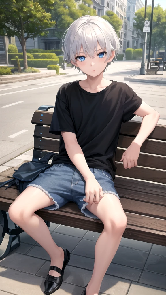 masterpiece, best quality, high quality, ,dark forsest, 1boy, solo, -yeld boale focus, looking at viewer , white hair,black T-shirt ,blue jean shorts, blue eyes, sitting on a bench