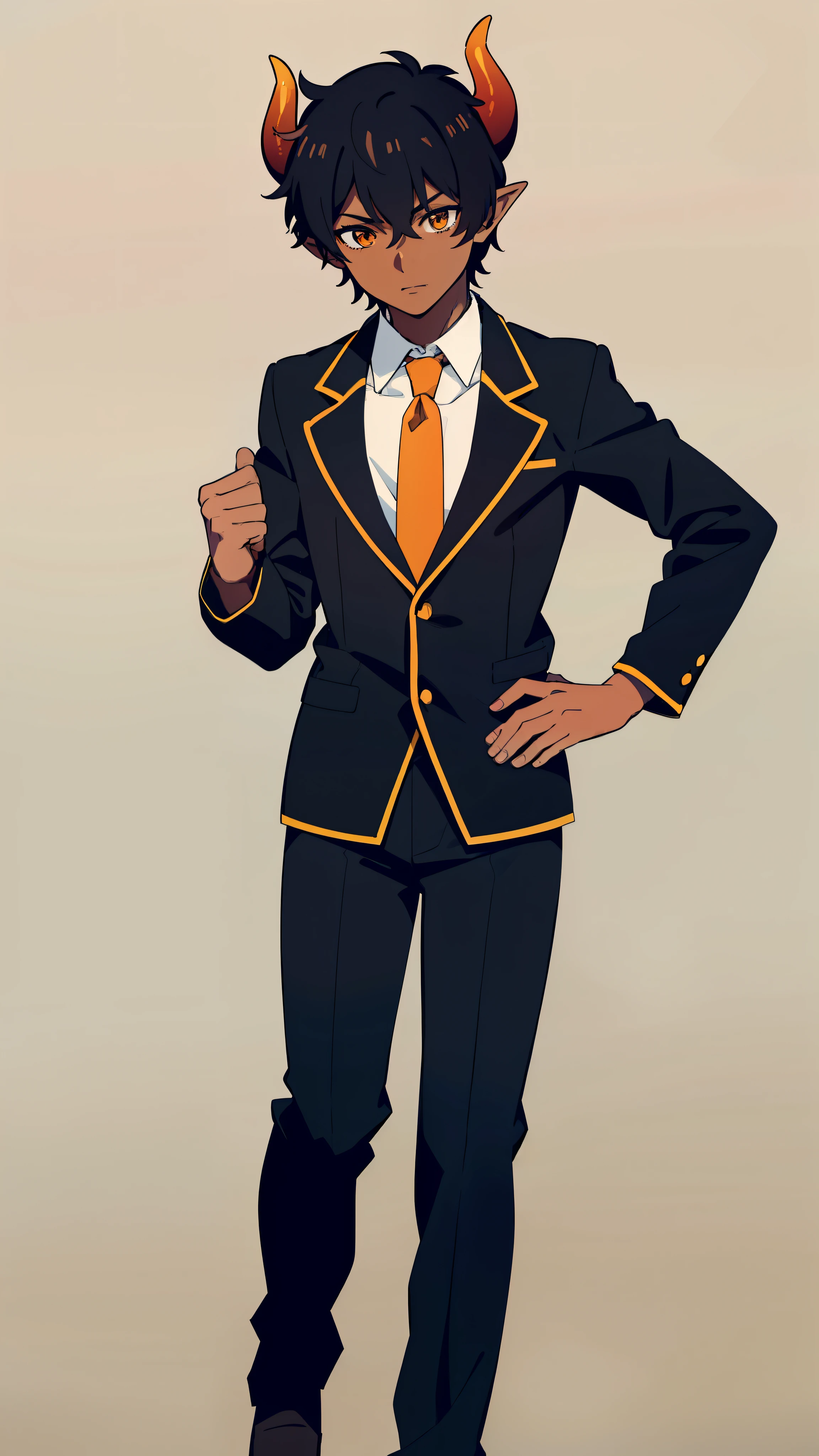 (1boy,20 years old,solo),((dark skin)),short hair,black hair,elf ears,(horns),orange eyes,(no background, simple background),necktie,black jacket, blazer,long sleeves,pants,full body,walking