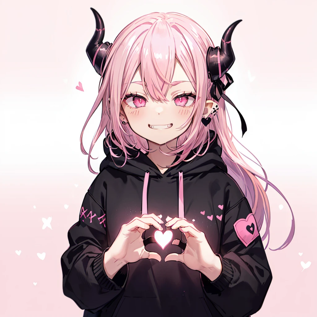 ((((Jagged　Open your mouth　Grin　Pink Background　shining heart　front))))　(((Black hoodie　Wearing a hood　Demon Horns　Heart Iris　Close-up　Pink Hair　Long Hair　Making a heart with both hands)))　((Shiny earrings　Small black ribbon))　Shining Edge　Shining Background