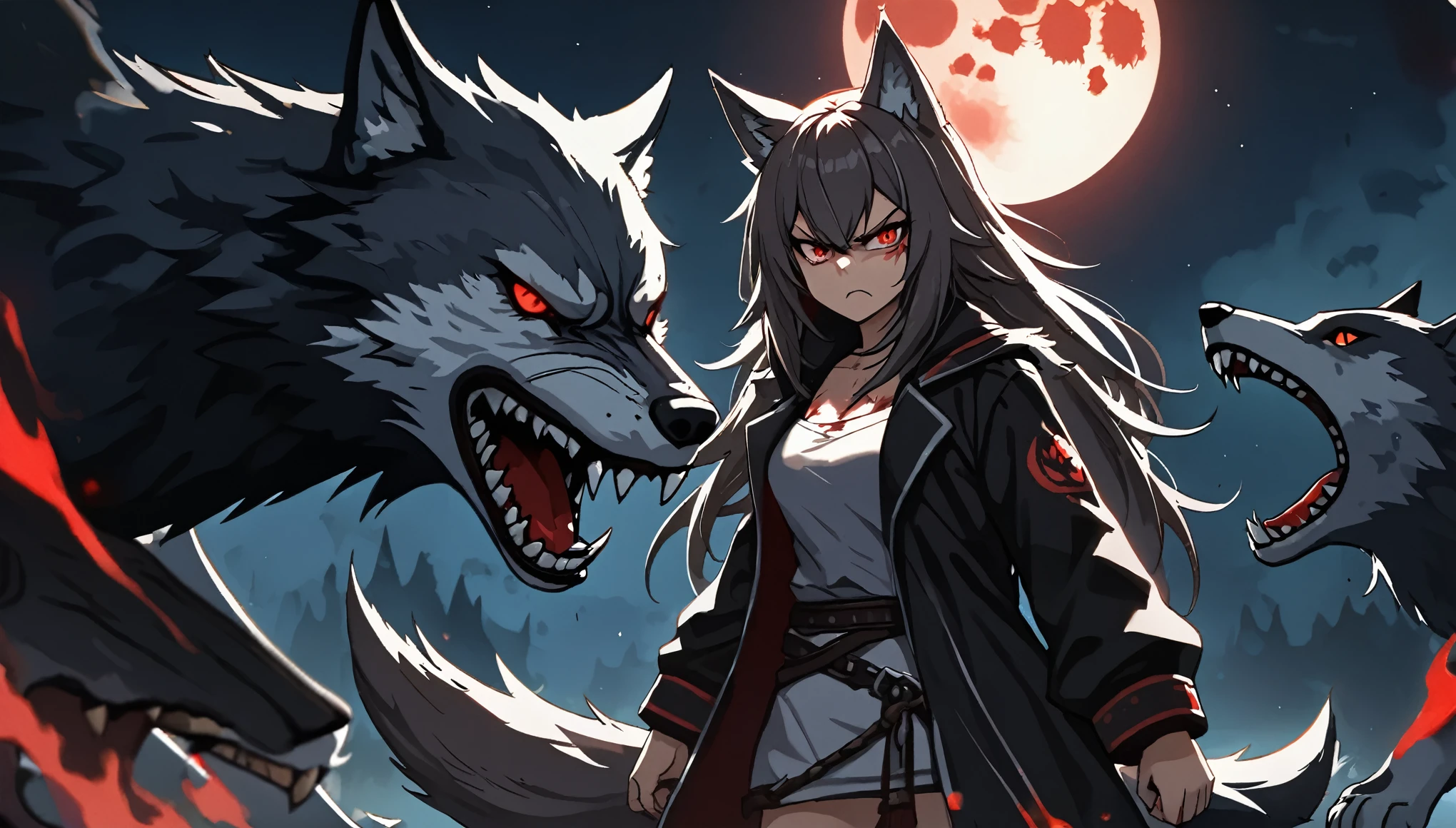 ((Wolf Girl)), ((Wolf)), Black Coat, ((Red Eyes)), ((Possessive)), ((Long Tail)), Angry, Scars, Night, Moon, HD, High Resolution, 4K