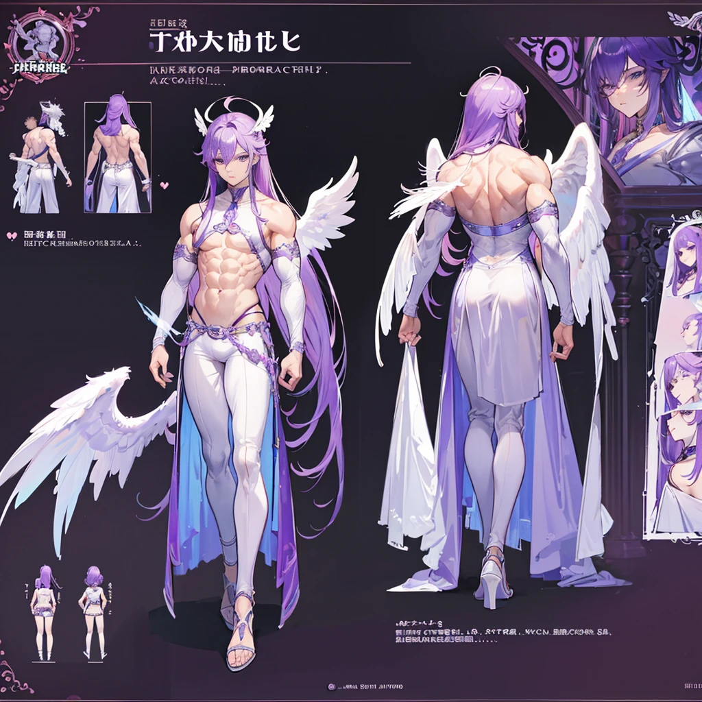 (Masterpiece, best quality), detailed, 1 man, ((character concept art)), ((character design sheet, same character, front, side, back)), full body, body complete, 1 Male angel, 1 Man angel, Detailed face, character design sheet,full bodyesbian, Highly detailed, character sheet, character design, Many parts, dark skin, angel wings, long purple hair, angel outfit, muscle male god, male clothes, masculine, muscle man, male muscle, manly, male angel, Muscle male with long long purple hair,beautiful man, beautiful muscle man, abs, pectoral muscle