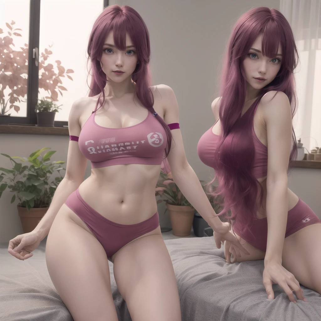 (8k photo, best qualityer) 1womanl, defined body, muslos grandes, t-shirt longa, pantyrose, hair ultra long, magenta hair, clear eyes.