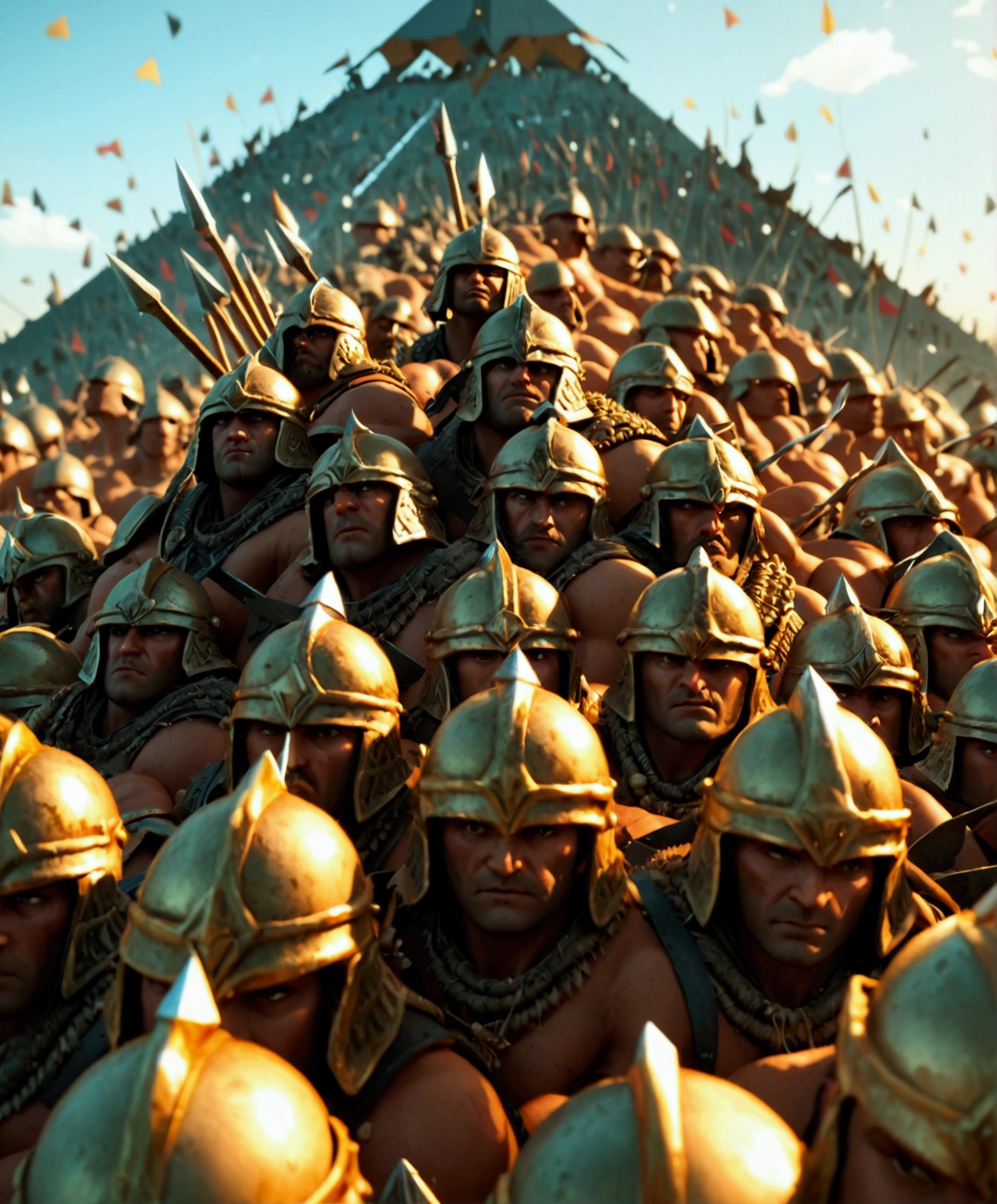 Master Piece, best quality, (extremely detailed CG unity 8k wallpaper), (best quality) 8k detail. A pyramid pile of 300 unconscious male barbarian soldiers defeated in battle. The 300 unconscious barbarian soldiers are piled up on top of each other, one by one. They are clad in armor and helmets. spikes stick out of the pile of bodies. spears with small pennant flags stick out of the pile of bodies. arms, legs and heads stick out of the pile randomly. The pile is 30 feet high.
