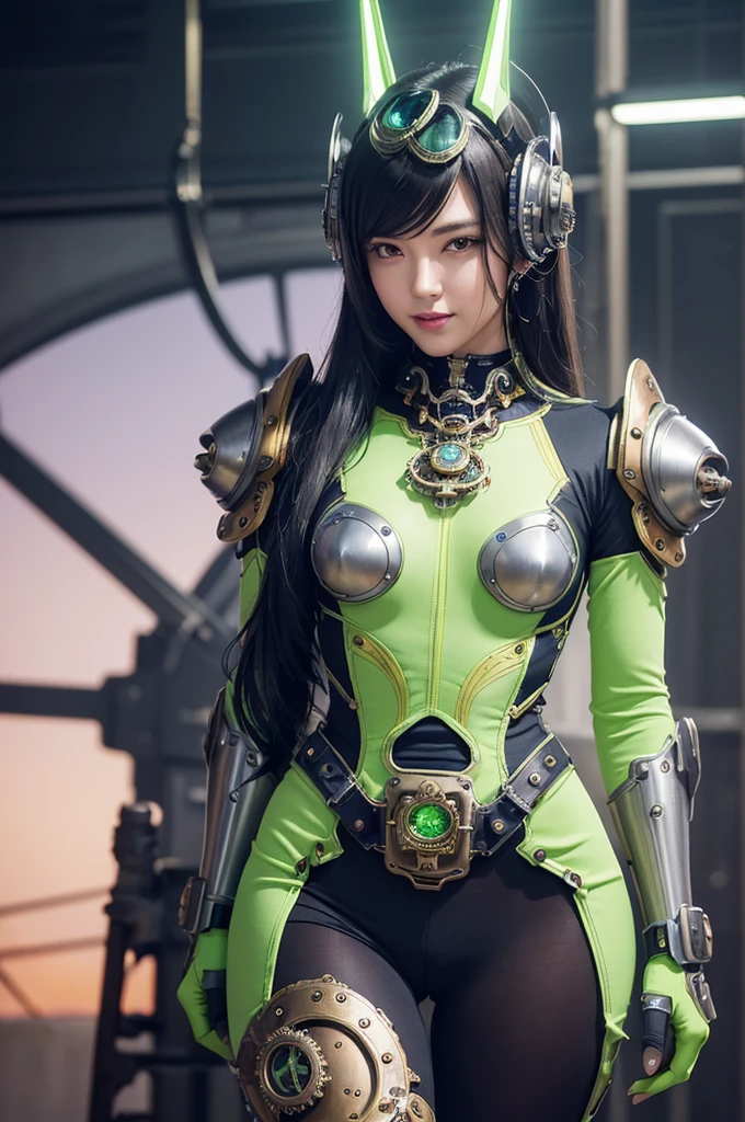 The highest image quality, pending details, ultra-high resolution, (真实感: 1.4), the best illustration, favor details, Highly condensed 1girl, with a delicate and beautiful face, dressed in a black and green mecha, wearing a mecha helmet, holding a directional controller, riding a motorcycle, the background is a high-tech lighting scene of the future city,big breast that doesn&#39;t fit into clothes