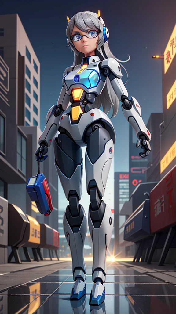((robot girl, mecha)), glare eyes, 精致的面容, broken armor, mechanical aura, Mechanical arm, gray hair, long hair, ceramic body, tight slit, smallbreast, cyber background, very good city, (translucent, Reflective skin), 8K, best qualityer, ultra detali, (Surrealism: 1.4),