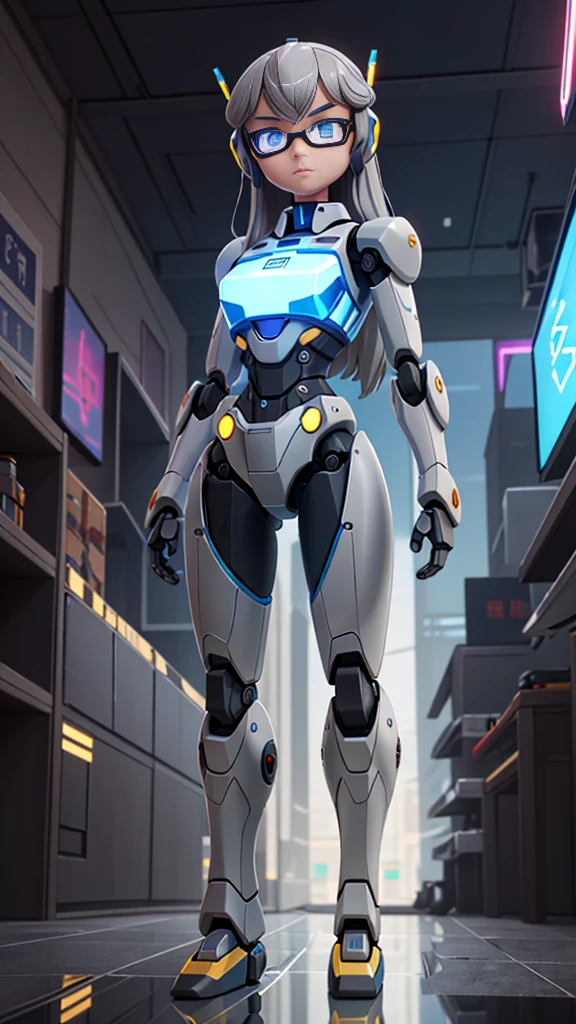 ((robot girl, mecha)), glare eyes, 精致的面容, broken armor, mechanical aura, Mechanical arm, gray hair, long hair, ceramic body, tight slit, smallbreast, cyber background, very good city, (translucent, Reflective skin), 8K, best qualityer, ultra detali, (Surrealism: 1.4),