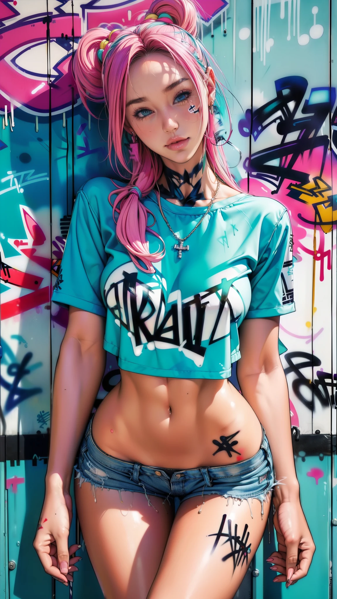 masterpiece, best quality, 1 Girl, Solitary, Top of crop, Denim shorts, Necklace, (Graffiti:1.5), Paint splatter, Put your hands behind your back, Against the wall, Looking at the audience, armband, Thigh straps, Body paint, Head tilt, boring, Colorful hair, Aqua eyes, earphone,(face detailed :1.4) 