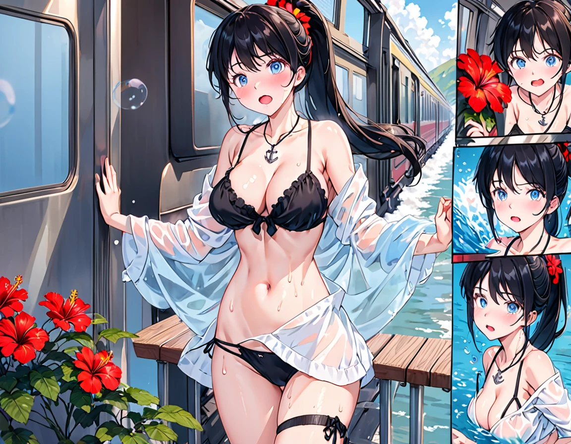 **Prompt:** "Draw an anime-style female character with the following characteristics. - **Hair**: Long black hair tied in a ponytail and adorned with a red hibiscus flower. - **Eyes**: Blue eyes, with a slight blush on her cheeks. - **Expressions**: , nsfw, (ecstatic:1.3), (slutty:1.2), (vulgarity:1.3), (fucked like a fool:1.1), (steamy:1.1), (wet:0.8), (trembling:0.8), (tears:0.7), (drooling:0.6), (sweat:0.8), - **Outfit**: nsfw, she is wearing a black bikini. The bikini top has thin straps and an anchor pendant on her chest. The bikini bottoms are also black and have the words "IRONBLOOD" written on them. She has a black left thigh garter. She is also wearing a light blue shirt that slides off her shoulders. The water makes her costume transparent. - **Body**: She has a toned physique with well-defined muscles in her chest and abdomen. Her skin has water droplets on it, making it appear wet. She has a large cleavage. - **Background**: ,holding on to the railing of the train,armpits, (presenting armpit:1.3),(looking away:1.4), (train interior:1.3),(crowded train:1.3), upper body,(white shirts:1.5), ,alternate breast size, breast grab, (a boy,grabbing from behind:1.5) ,(frown:1.2), (embarrassed,blush:1.2),(Stunned face of despair:1.1),sweat,(angry:1.2)