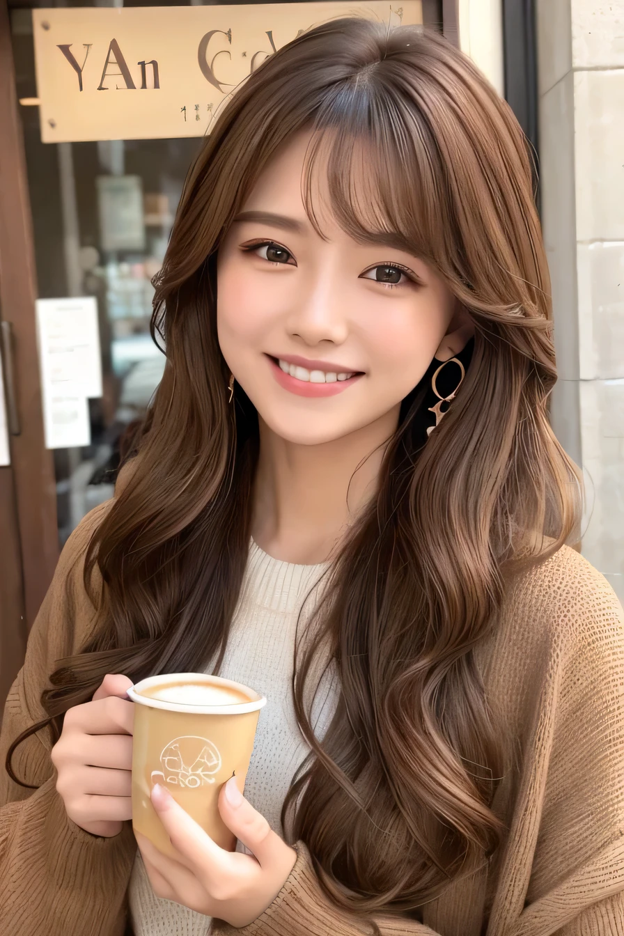 Light brown hair、Clear beauty、、Wavy Hair、hairstyle semi long、coat、Ear piercing、、smile、Beautiful teeth alignment、Intricate details, Very detailed:1.2), 、 Looking into the camera、The background is a coffee shop

