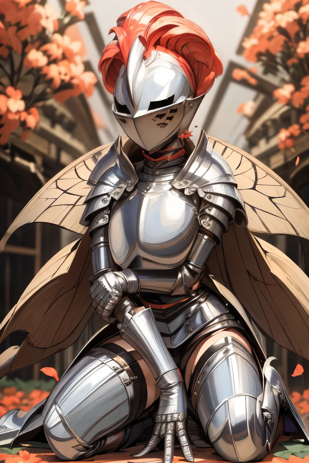 masterpiece, best quality, butterfly wings, full body, (leaning forward, hands on knees), kardiaofrhodes, helmet, plume, gauntlets, thighhighs, breastplate, thighhighs, wide hips, (flowers background:1.2)