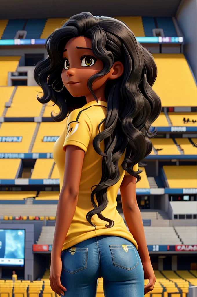 image of woman with black hair in waves, from behind watching football in the stadium with the yellow shirt of the Colombian national team personalized with the number 10 and name MAY