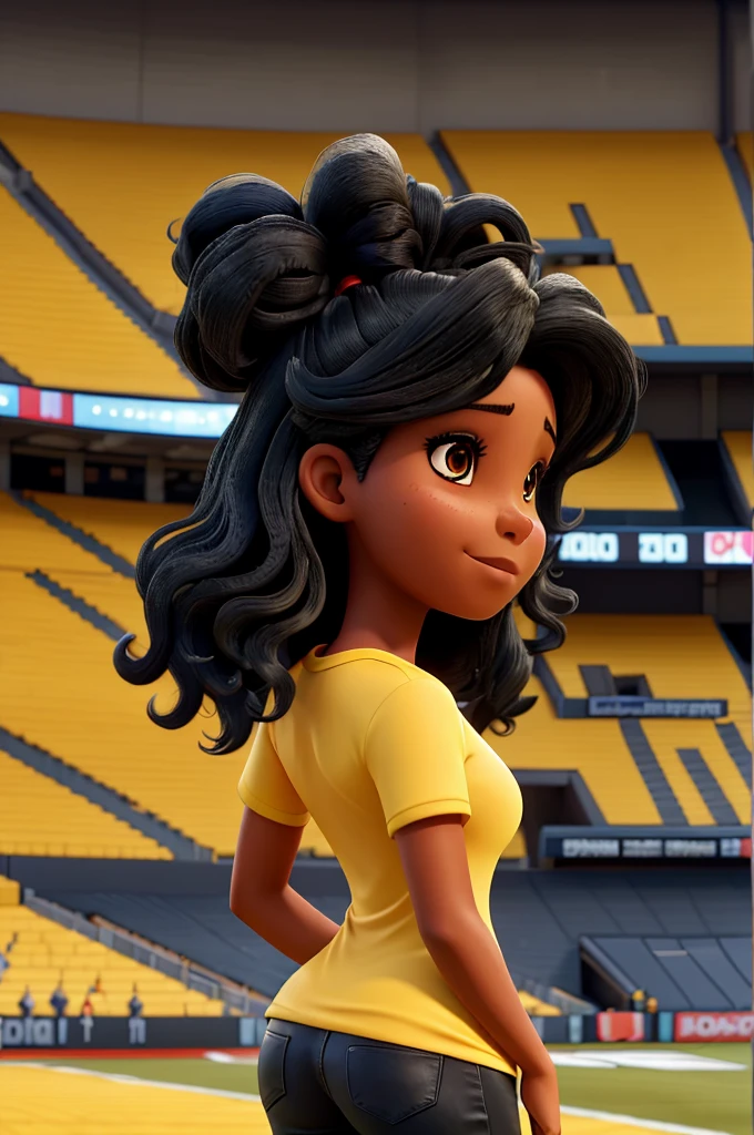 image of woman with black hair in waves, from behind watching football in the stadium with the yellow shirt of the Colombian national team personalized with the number 10 and name MAY