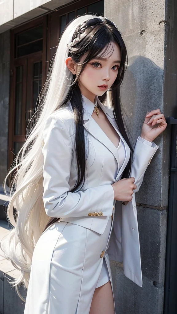 anime style、white skin、white hair、long hair、Hair with blue highlights、look up、The largest and most prominent、Colorful gas expression、seductive big breasts、woman、High-frequency detail (((sharpness))) 、( (sharp focus: 1.2))、puerosface_V1: 0.7)、(8K、highest quality)、Very large chest light)))、beautiful lighting、highly detailed face、well drawn hands、Well drawn legs、Well designed legs、exposed chest、(masterpiece: 1,2)、highest quality、masterpiece、High resolution、Original and highly detailed wallpaper、
information：Business service、formalコート、formal、Jacket、black clothes、tie