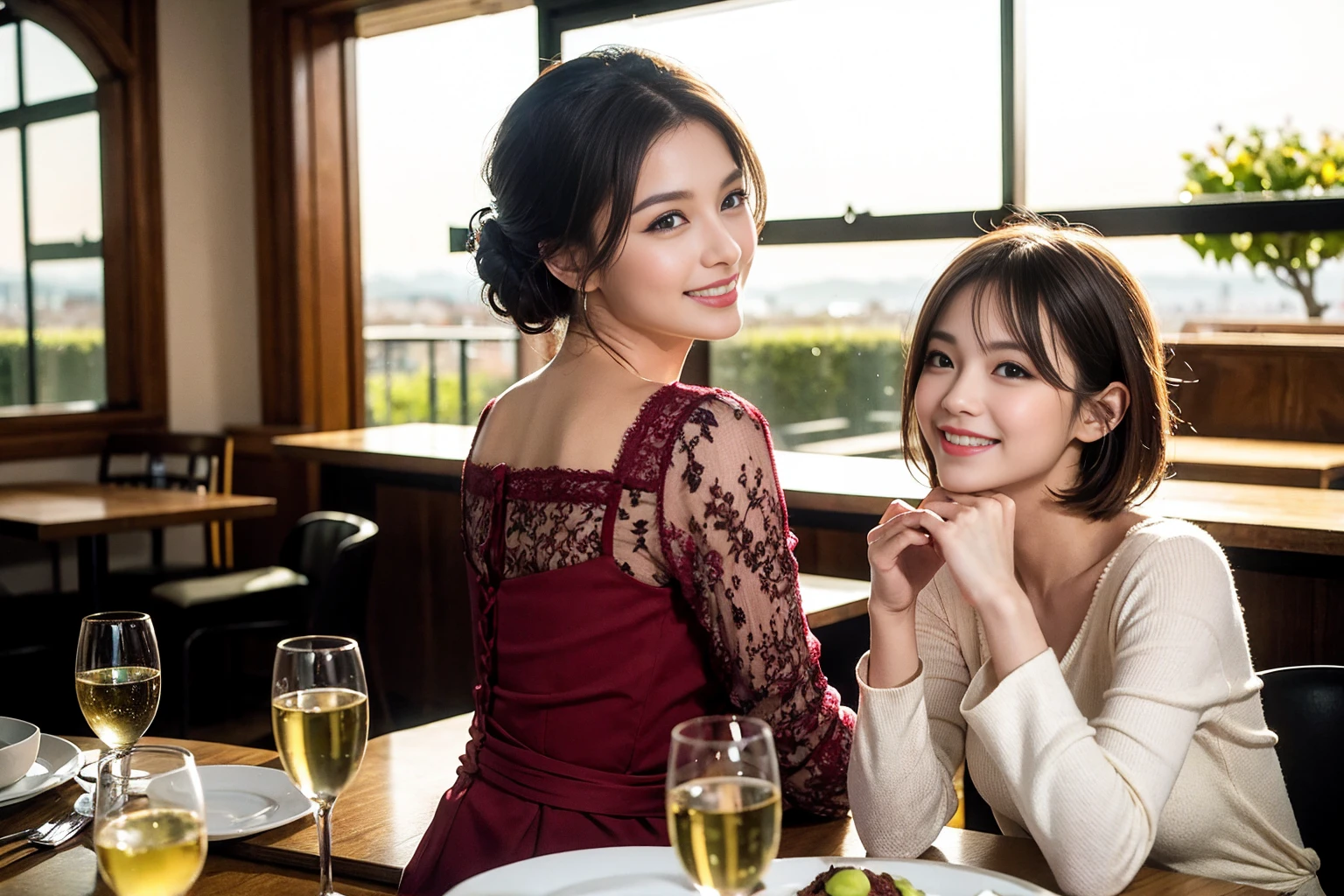 ((Highest quality、8K、masterpiece:1.3))、Shortcuts、cute、slimカップル、modelカップル、actress男優、(Realistic, Intricate details:1.2), full-course dinner、Wine Party、Amazing view of the sunset sky and clouds、A bright smile、short hair,Bright Face、 (Age 45), 42 years old, red wine 、Appetizers、Italian food、Wine bottle、Champagne、sparkling wine、Two beauties、Brown Hair、Shortcuts、Long sleeve shirt、dress、Beautiful woman 1, (slimな顔), (The body is slim), (Brown Hair), (Shortcuts), cheeks turn a little red,Attractive beauty、restaurant, In a prominent place (From the waist up) Nova Frog Style, actress, model, Upper Body, White wine, slim, wine glass, 中央に置かれたwine glass, smile, (smile: 1.15), Beautiful fine grain, Depth f/2,saturation, High Contrast, Strong light and shadow,Moist Body:1.5、3D texture、Delicate eyes、Brown Hair、The hair is very shiny、