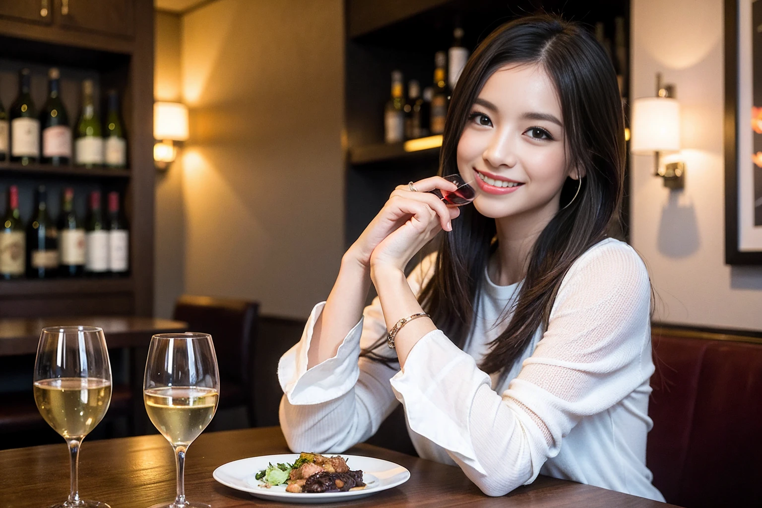 ((Highest quality、8K、masterpiece:1.3))、Shortcuts、cute、slimカップル、modelカップル、actress男優、(Realistic, Intricate details:1.2), full-course dinner、Wine Party、Amazing view of the sunset sky and clouds、A bright smile、short hair,Bright Face、 (Age 45), 42 years old, red wine 、Appetizers、Italian food、Wine bottle、Champagne、sparkling wine、Two beauties、Brown Hair、Shortcuts、Long sleeve shirt、dress、Beautiful woman 1, (slimな顔), (The body is slim), (Brown Hair), (Shortcuts), cheeks turn a little red,Attractive beauty、restaurant, In a prominent place (From the waist up) Nova Frog Style, actress, model, Upper Body, White wine, slim, wine glass, 中央に置かれたwine glass, smile, (smile: 1.15), Beautiful fine grain, Depth f/2,saturation, High Contrast, Strong light and shadow,Moist Body:1.5、3D texture、Delicate eyes、Brown Hair、The hair is very shiny、