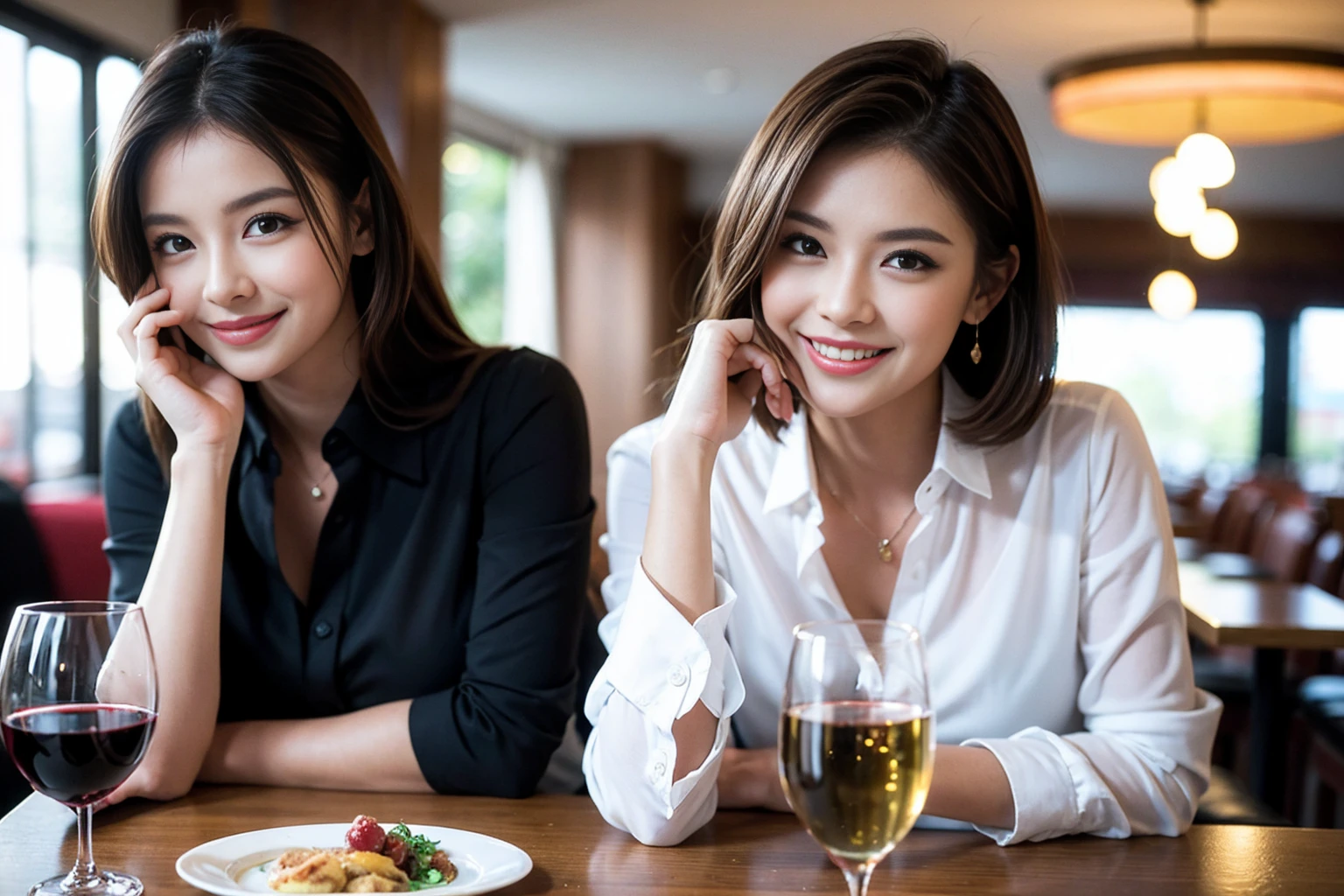 ((Highest quality、8K、masterpiece:1.3))、Shortcuts、cute、slimカップル、modelカップル、actress男優、(Realistic, Intricate details:1.2), full-course dinner、Wine Party、Amazing view of the sunset sky and clouds、A bright smile、short hair,Bright Face、 (Age 45), 42 years old, red wine 、Appetizers、Italian food、Wine bottle、Champagne、sparkling wine、Two beauties、Brown Hair、Shortcuts、Long sleeve shirt、dress、Beautiful woman 1, (slimな顔), (The body is slim), (Brown Hair), (Shortcuts), cheeks turn a little red,Attractive beauty、restaurant, In a prominent place (From the waist up) Nova Frog Style, actress, model, Upper Body, White wine, slim, wine glass, 中央に置かれたwine glass, smile, (smile: 1.15), Beautiful fine grain, Depth f/2,saturation, High Contrast, Strong light and shadow,Moist Body:1.5、3D texture、Delicate eyes、Brown Hair、The hair is very shiny、
