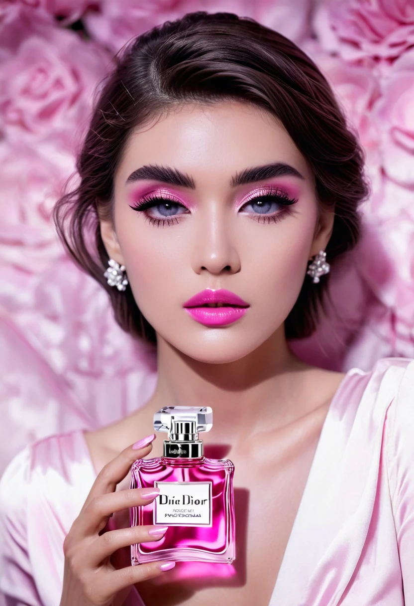 beautiful and elegant woman looking at the camera, pink Dior perfume propaganda