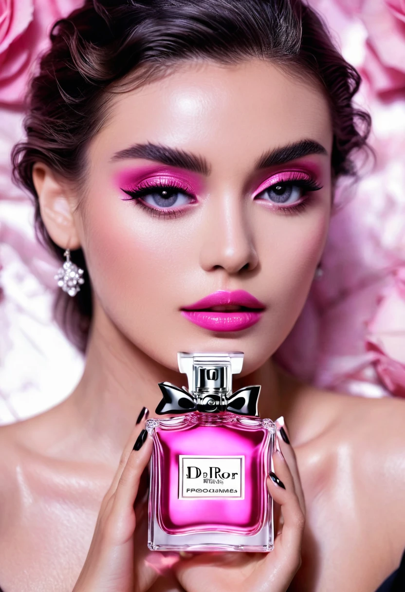 beautiful and elegant woman looking at the camera, pink Dior perfume propaganda